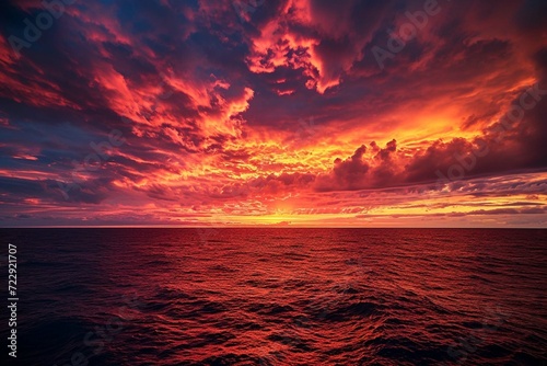 Apocalyptic fiery sky over ocean horizon at dusk © Amer