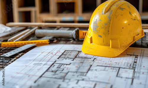 Materials Construction.Site planning on the Interior Desk. Safety Helmet on the desk of Interior Design.