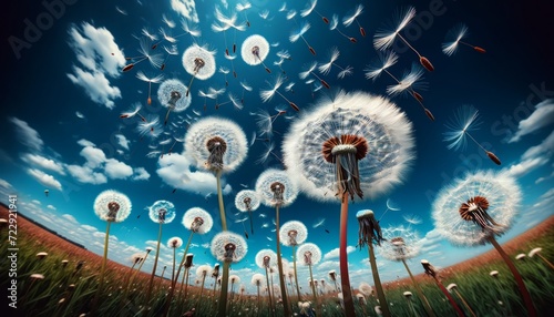Dandelions Release Seeds Under Vibrant Blue Sky
