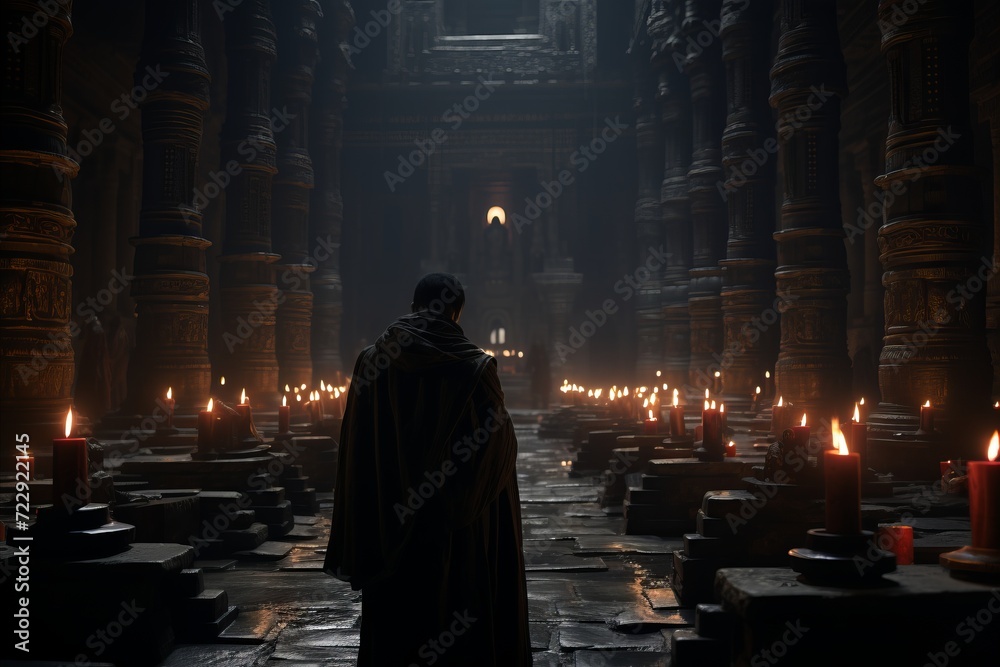 Serenely Solitary Monk Engaging in a Sacred Candlelit Ceremony at an Ancient Temple. Serenely Solitary Monk Engaging in a Sacred Candlelit Ceremony at an Ancient Temple.