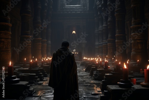 Serenely Solitary Monk Engaging in a Sacred Candlelit Ceremony at an Ancient Temple.
