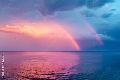 Dusk rainbow concept - Beautiful landscape with multi colored calm sea with rainbow at dusk © Amer