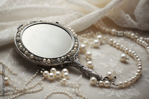 Concept photo shoot of vintage hand mirror and pearls