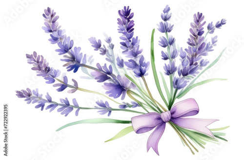 Watercolor bouquet of lavender branch tide up by purple ribbon on white background  Botanical herbal illustration for wedding or greeting card  Wallpaper  wrapping paper design  textile  scrapbooking