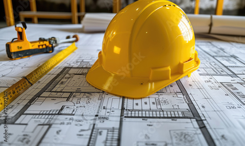 Materials Construction.Site planning on the Interior Desk. Safety Helmet on the desk of Interior Design.