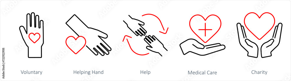 A set of 5 Charity and donation icons as voluntary, helping hand, help A set of 5 Charity and donation icons as voluntary, helping hand, help