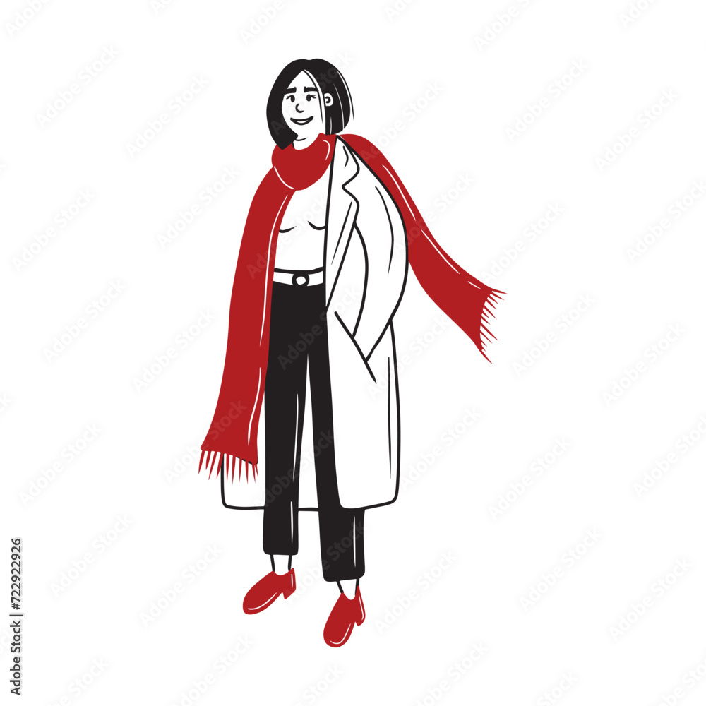 Beautiful woman with black square haircut in black pants, coat and red scarf with hand in pocket is standing and smiling. Hand drawn vector doodle flat illustration. Street style look, fashion.