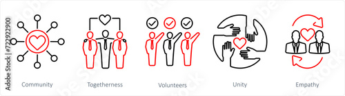A set of 5 Charity and donation icons as community, togetherness, volunteers