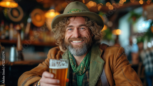 A leprechaun with curly hair and stubble celebrates St. Patrick's Day at an Irish bar, smiling and holding a mug of beer in his hand photo