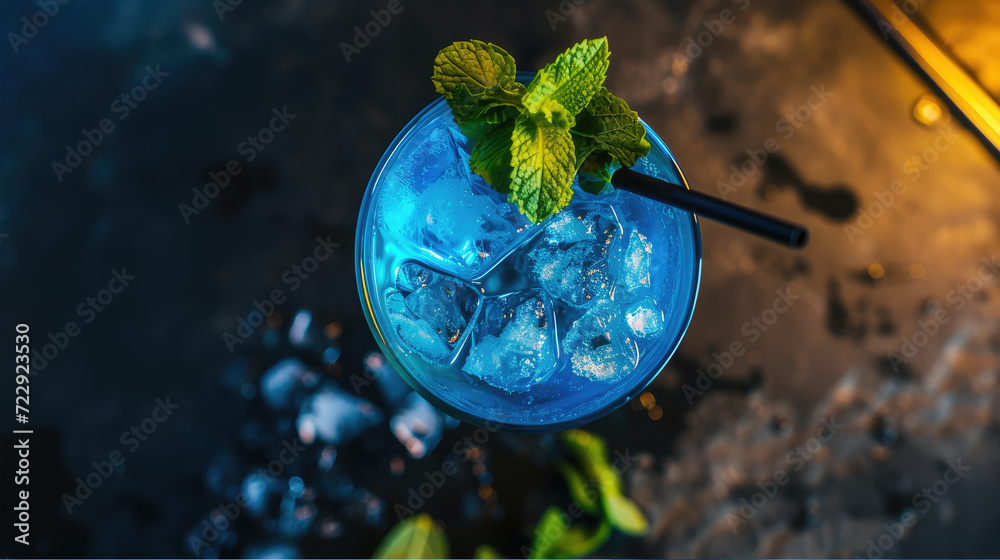 top view blue cocktail glass  with mint leaf 