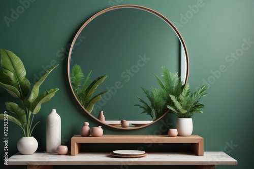 Round mirror and table with accessories near green wall in modern room interior