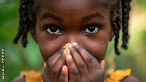 portrait of a black 6 year old kid covering her mouth and nose with her hands 