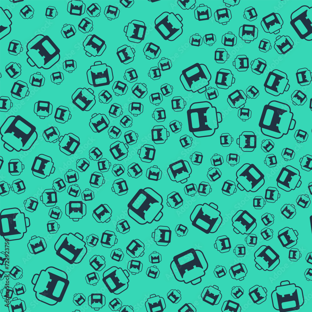 Black Hiking backpack icon isolated seamless pattern on green background. Camping and mountain exploring backpack. Vector Black Hiking backpack icon isolated seamless pattern on green background. Camping and mountain exploring backpack. Vector