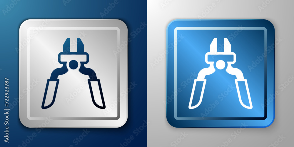 White Pliers tool icon isolated on blue and grey background. Pliers work industry mechanical plumbing tool. Silver and blue square button. Vector White Pliers tool icon isolated on blue and grey background. Pliers work industry mechanical plumbing tool. Silver and blue square button. Vector
