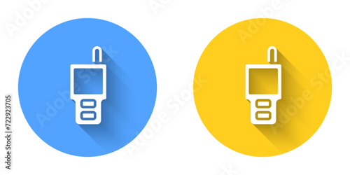 White Walkie talkie icon isolated with long shadow background. Portable radio transmitter icon. Radio transceiver sign. Circle button. Vector
