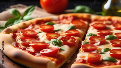 Delicious pizza with tomatoes, sausages and basil on wooden plate, view from above, close up photo