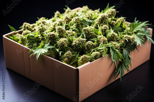 box with crop of leaves and buds of medical cannabis marijuana for a gift