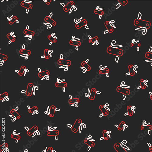 Line Swiss army knife icon isolated seamless pattern on black background. Multi-tool, multipurpose penknife. Multifunctional tool. Vector