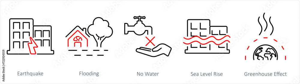A set of 5 climate change icons as earthquake, flooding, no water A set of 5 climate change icons as earthquake, flooding, no water