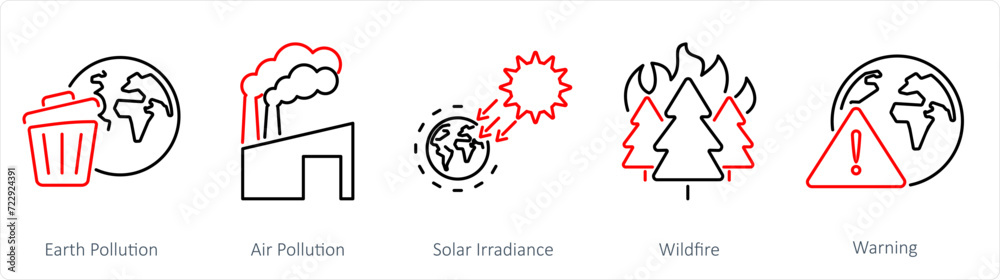 A set of 5 climate change icons as earth pollution, air pollution, solar irradiance A set of 5 climate change icons as earth pollution, air pollution, solar irradiance