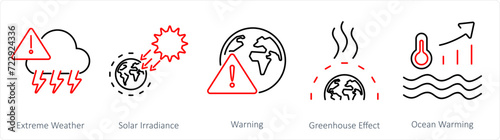 A set of 5 climate change icons as extreme weather, solar irradiance, warning