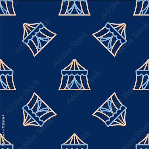 Line Circus tent icon isolated seamless pattern on blue background. Carnival camping tent. Amusement park. Vector