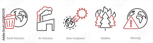 A set of 5 climate change icons as earth pollution, air pollution, solar irradiance