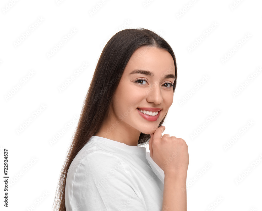 Young woman with clean teeth smiling on white background Young woman with clean teeth smiling on white background