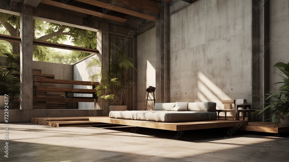 Concrete and wood elements for an industrial Zen vibe.