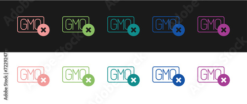 Set No GMO icon isolated on black and white background. Genetically modified organism acronym. Dna food modification. Vector
