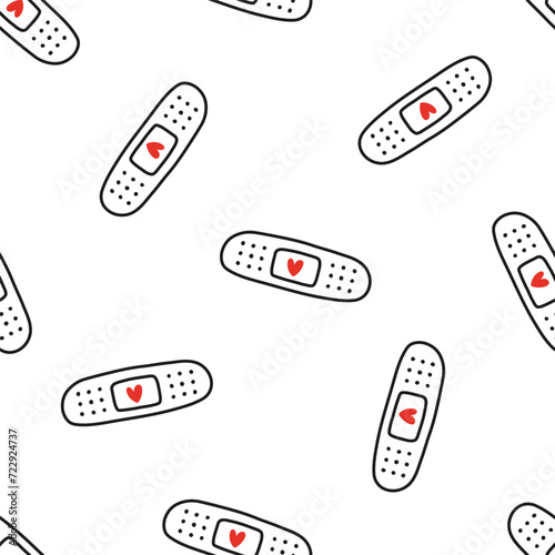 Cute seamless pattern with black band aids and red hearts