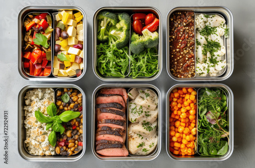 a group of various tin trays with different types of food in them