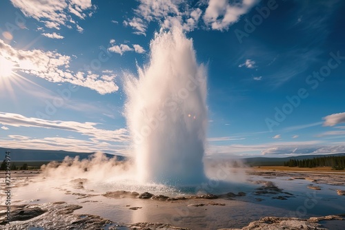 Great geysir erupting by water and steam