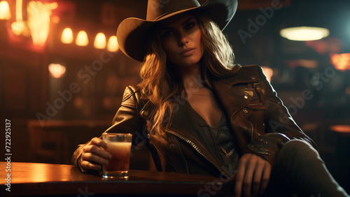 Wild west western cowgirl sitting in  bar photo