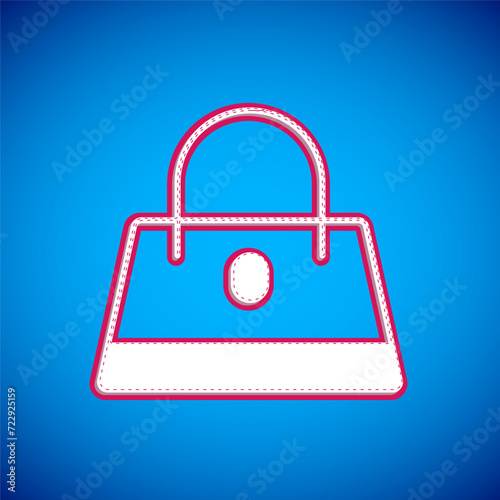 White Handbag icon isolated on blue background. Female handbag sign. Glamour casual baggage symbol. Vector