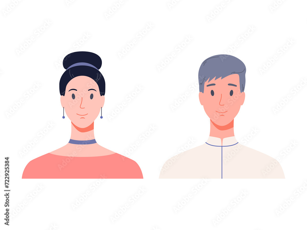 Portrait of man and woman, front view. Modern flat Illustration on transparent background Portrait of man and woman, front view. Modern flat Illustration on transparent background