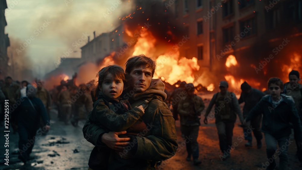 A Man Holding A little Girl As The War Takes Place Background
