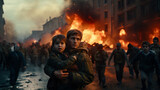 A Man Holding A little Girl As The War Takes Place Background
