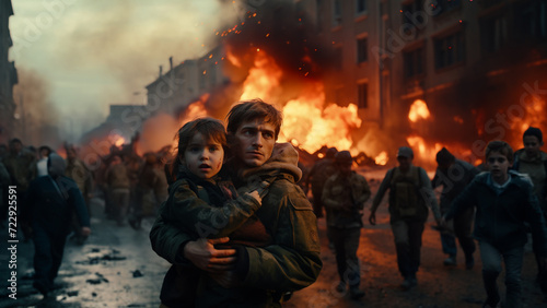 A Man Holding A little Girl As The War Takes Place Background 