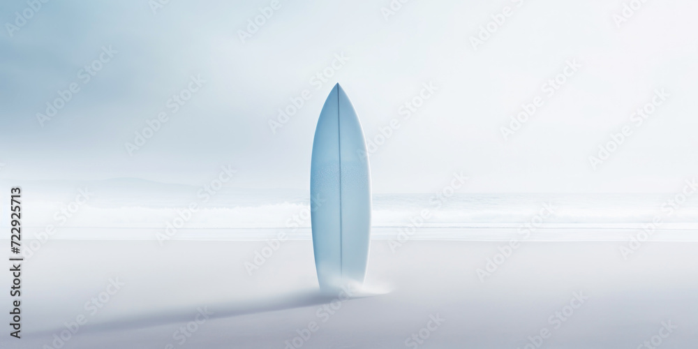 Surf board stand in a white beach sand on a sea coast. White mist, loneliness concept. Generative AI Surf board stand in a white beach sand on a sea coast. White mist, loneliness concept. Generative AI