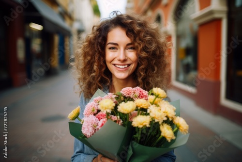 A happy worker woman holds flowers in his hands on the background of a shop window © vasyan_23