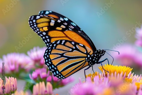 Orange monarch butterfly on the flower on blurred background