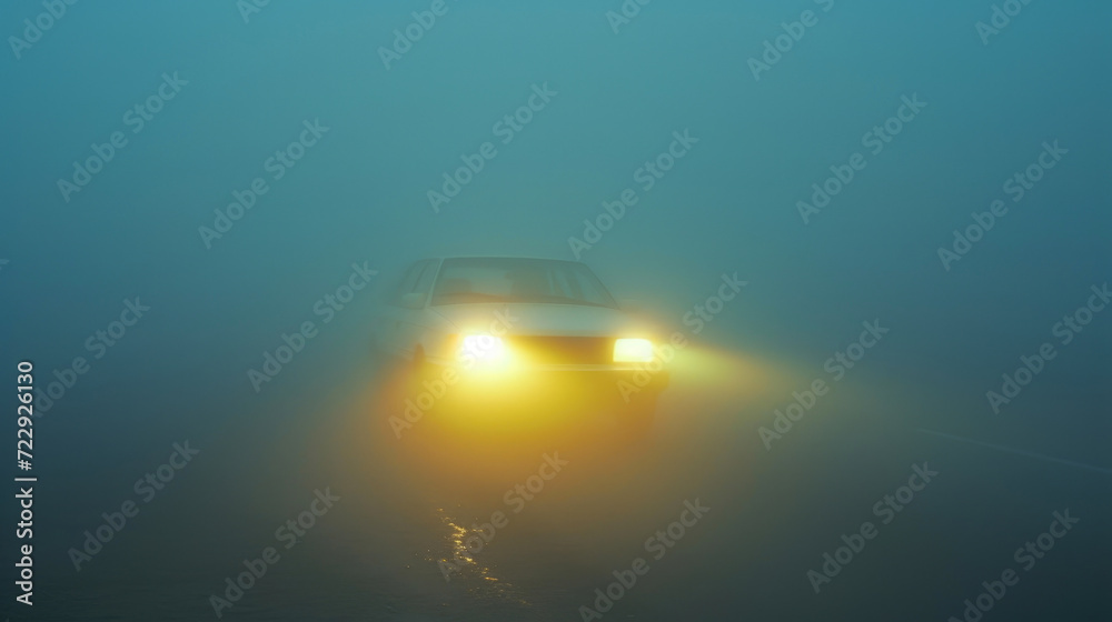 Foggy Morning Drive: Headlights Illuminate the Path Foggy Morning Drive: Headlights Illuminate the Path