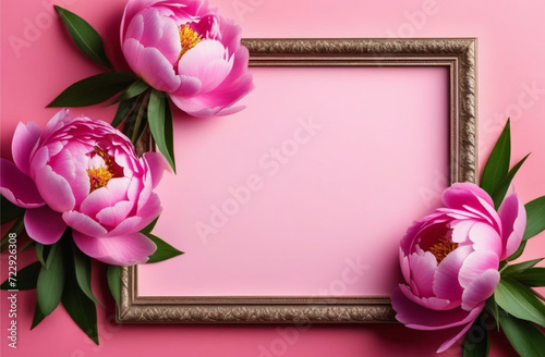 Beautiful golden frame with pink peonies on a pink wall background, banner for congratulations on birthday, women's day, mother's day and others. photo