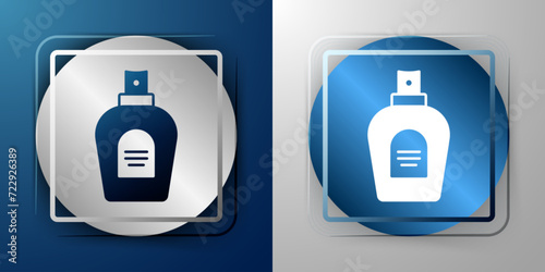White Perfume icon isolated on blue and grey background. Silver and blue square button. Vector