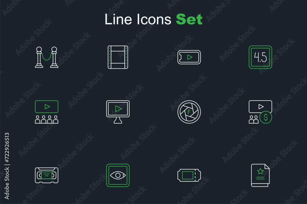 Set line Scenario, Cinema ticket, Rating movie, VHS video cassette tape, auditorium with screen, Camera shutter, Online play and icon. Vector Set line Scenario, Cinema ticket, Rating movie, VHS video cassette tape, auditorium with screen, Camera shutter, Online play and icon. Vector