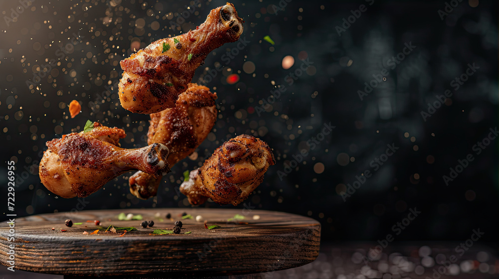 flying grilled chicken drumsticks restaurant menu background  - obrazy, fototapety, plakaty 