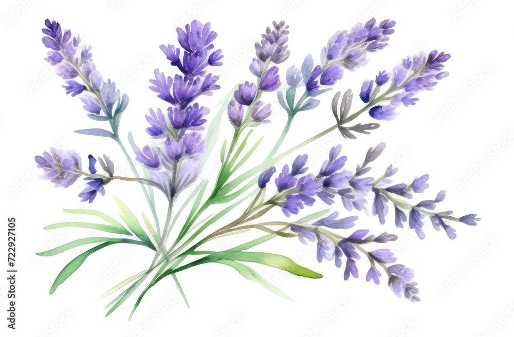 Fototapeta premium Watercolor bouquet of lavender branch on white background, Botanical herbal illustration for wedding or greeting card, Wallpaper, wrapping paper design, textile, scrapbooking