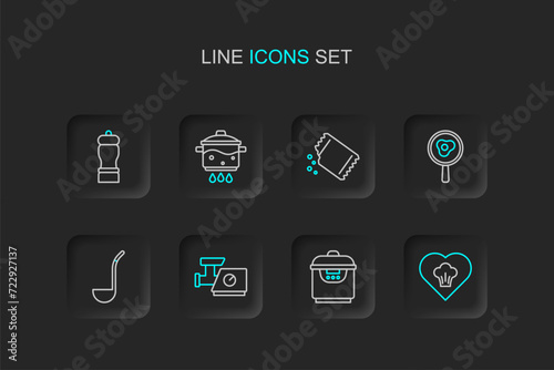 Set line Chef hat, Slow cooker, Kitchen meat grinder, ladle, Fried eggs on frying pan, Packet of pepper, Cooking pot fire and Pepper icon. Vector