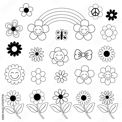 set of isolated outline retro groovy flowers, rainbow, butterfly